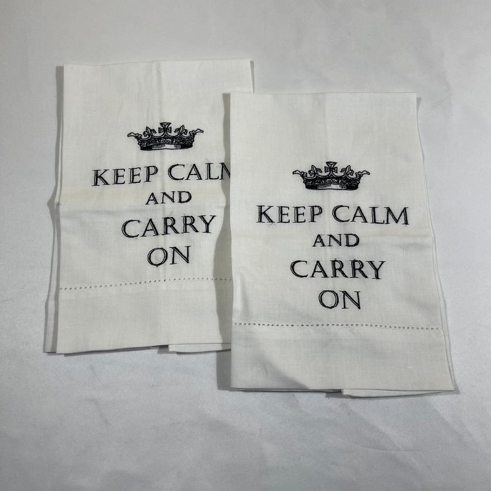 Keep Calm and Carry On Tea Towels Set of 2 White Crown British Decor Minimalist